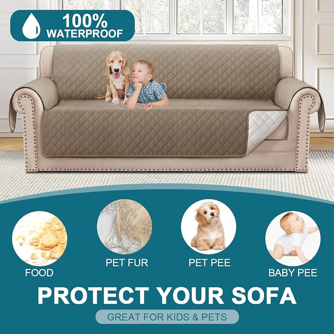 Turquoize 100% Waterproof Sofa Covers Couch Cover Sofa Cover for Dogs Couch Protector Triple Non-Slip Sofa Slipcover for 3 Cushion Couch Furniture Protector for Pets, Kids (XL Sofa 78", Taupe) - Image 2