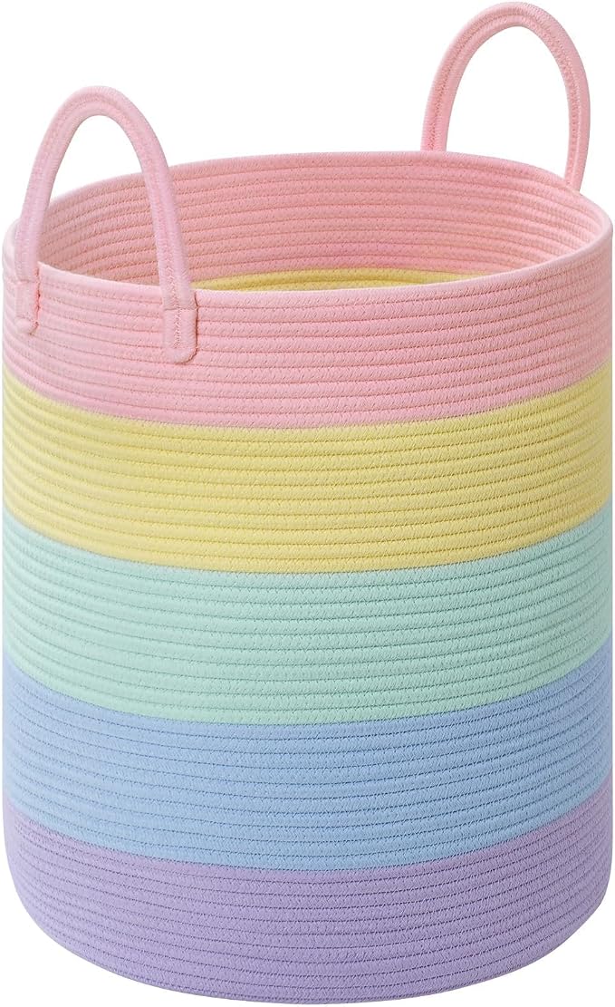Laundry Hamper for Organizing, 52L Large Laundry Baskets, Cotton Rope Woven Blanket Basket, Collapsible Laundry Hamper for Living Room, Nursery, 15"×18", Light Rainbow by Degeyoyo