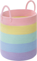 Laundry Hamper for Organizing, 52L Large Laundry Baskets, Cotton Rope Woven Blanket Basket, Collapsible Laundry Hamper for Living Room, Nursery, 15"×18", Light Rainbow by Degeyoyo