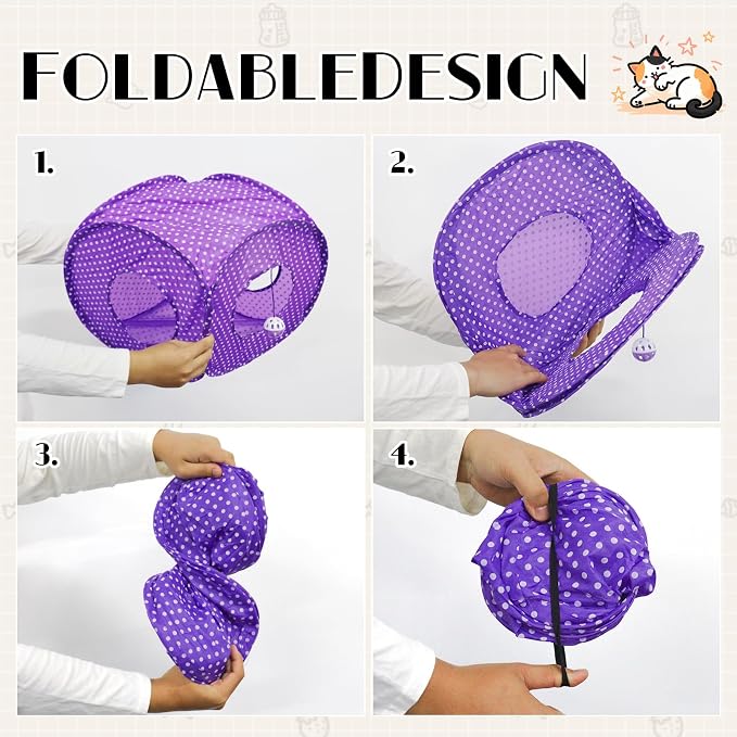 Andiker Cat Tent, 3 Holes Safe and Strong Cute Cats Tunnel Collapsible Easy to Carry Cat House for Indoor Cats Kittens Hiding Playing Training Sleeping (Square Purple) - Image 4