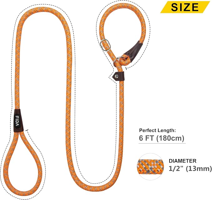 Fida Durable Slip Loop Lead for Large, Medium Dogs, 6 FT x 1/2" Heavy Duty, Comfortable Strong Rope, No Pull Pet Training Leash with Highly Reflective, Orange - Image 9