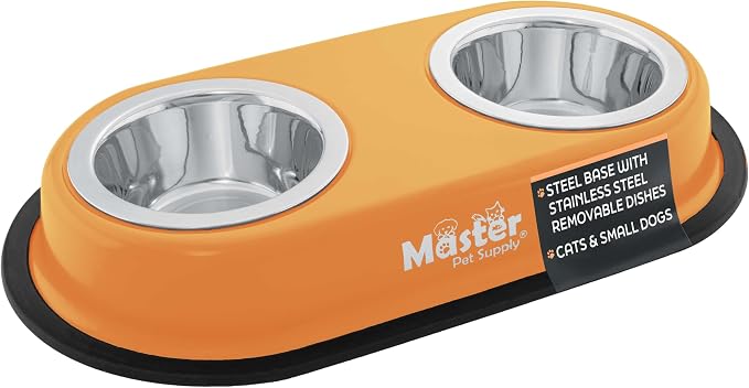 Master Pet Supply Double Dog Bowls Set with Elevated Base Mango Tango | 2 - (8 oz) Stainless Steel Removable Dishes Double Cat Food Water Bowl, Dog Puppy Food Bowl Set, Rust Resistant, Raised Dish by MasterPetSupply