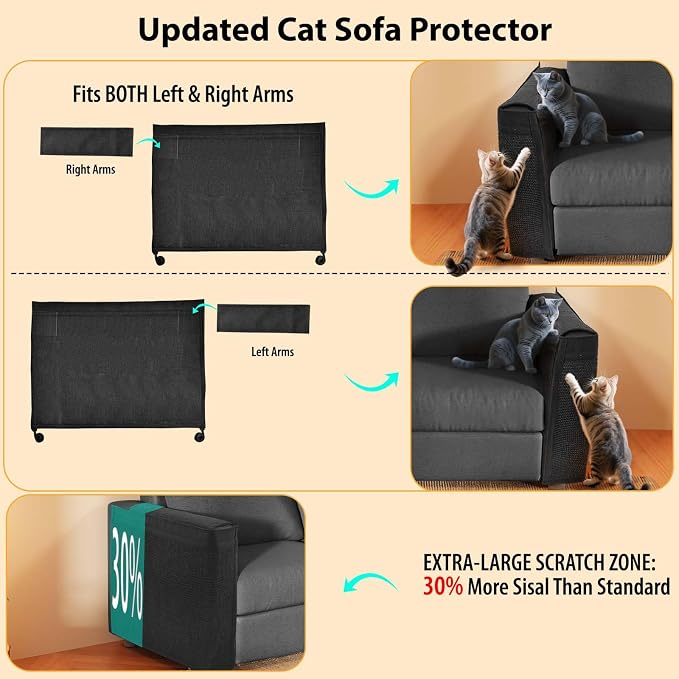 Couch Protector from Cat Claws - Cat Scratch Sofa Protector Universal Fit on Both Arm Sides with Black Sisal Pad for Leather and Fabric Sofa,27.5 * 19.7 inch Expanded Coverage Sisal Area(Black) - Image 2