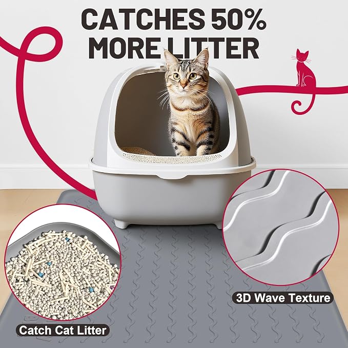 Cat Litter Mat, 34"x22" Waterproof Silicone Pad, Pink | Large Size, Urine-Proof Pad, Litter-Trapping Waves, Non-Slip, Easy Clean, Paw-Safe, for Litter Box, Floor Mat - Image 3