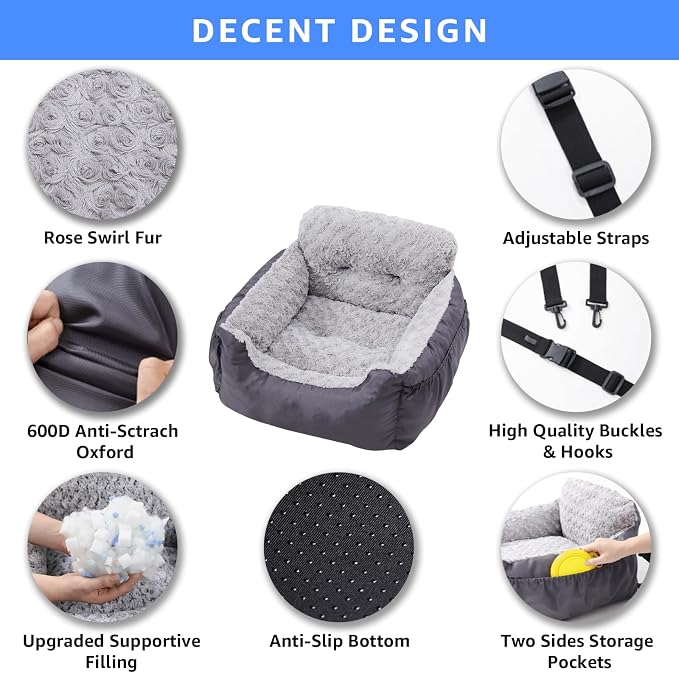 Oiilores Dog Car Seat for Small Dogs, Washable Pet Booster Car Seats with Clip-On Safty Leash, Comfy Deluxe Plush Carseat with Storage Pockets, Puppy Travel Carrier Bed for Dogs Under 25 lbs, Grey - Image 3