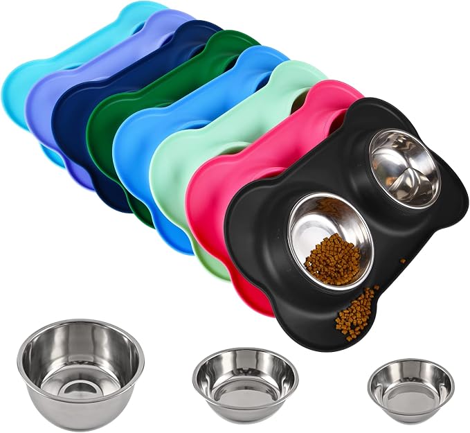 Dog Bowls 2 Stainless Steel Bowl for Pet Water and Food Feeder with Non Spill Skid Resistant Silicone Mat for Pets Puppy Small Medium Cats Dogs by Juqiboom