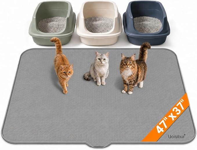 Cat Litter Mat, XL 47 x 37 in Extra Large Silicone Litter Box Mat | Gray, Silicone rubber, Water-resistant, Easy pour-out front notch, Raised lip, Grippy backing, Rinses clean by Unknown