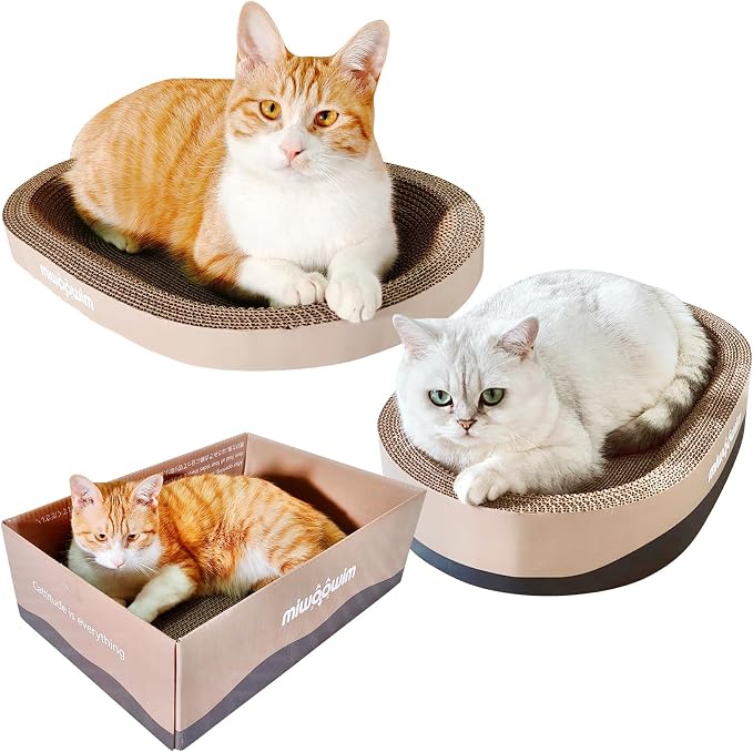 miwoowim 3-Piece Cat Scratcher Set, Oval Bowl Nest for Indoor Cats | 2 oval bed &1 box for scratching & lounging,Durable round corrugated cardboard pad & catnip toy.Furniture protector for couch - Image 6