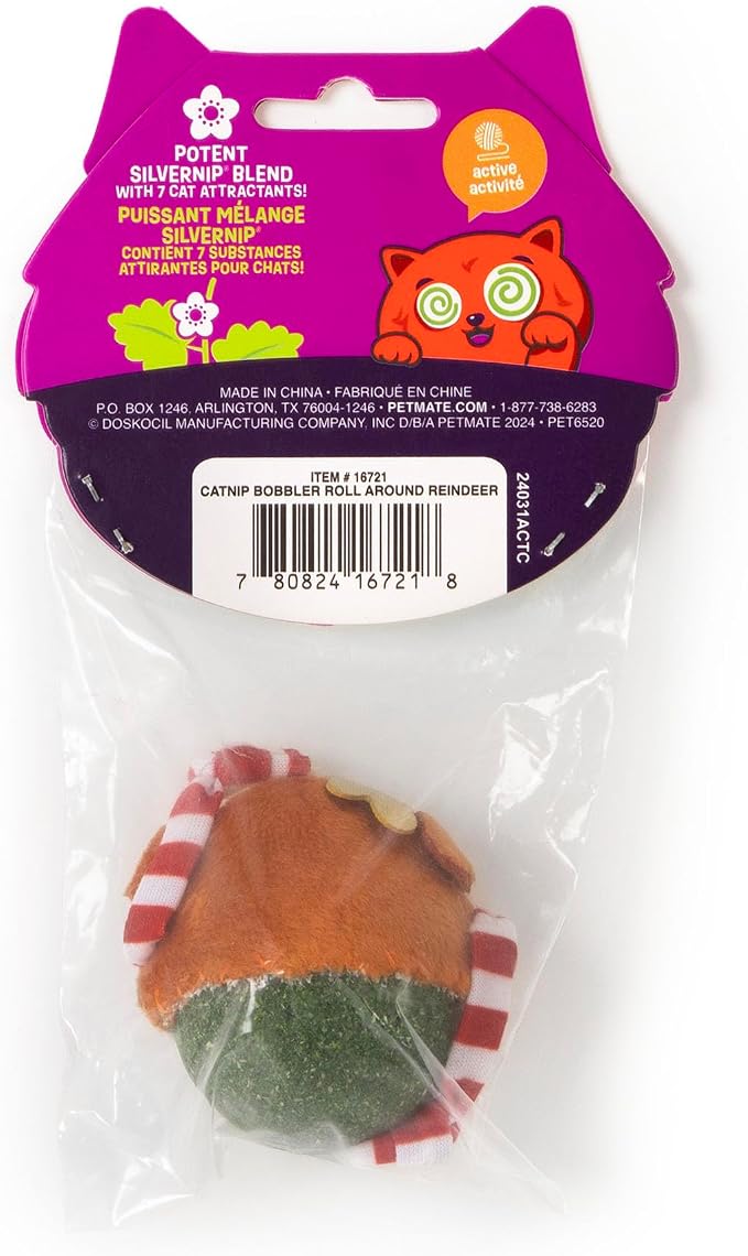Mad Cat Roll Around Reindeer Catnip Bobbler Soft Plush Cat Toy, Pack of 1 | Holiday themed design with weighted wobble action, sparks batting, swatting and playful energy in felines every single day - Image 4
