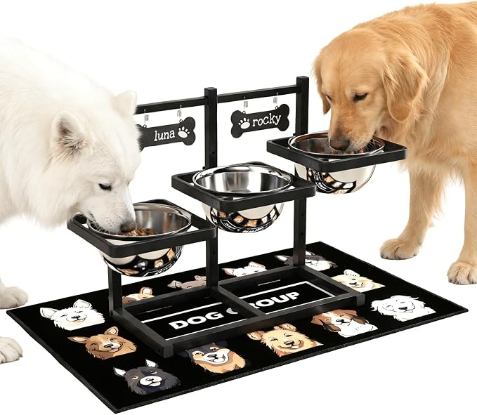 Elevated Dog Bowls for Large Dogs, 6 Height Adjustable Raised Stand with Mat, Two Signature Cards and Three 1700ML Bowls, for Large Breed and Multi-Pet Households by ADENGL