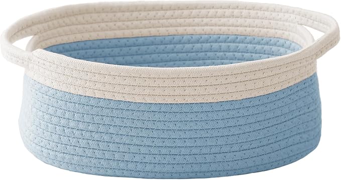 JMvicyroam Small Woven Basket, Empty Gift Basket, White&Blue/1 Pack | Small Gift Basket, Cotton Rope, 12 x 8 x 63 in, Handles, Includes Ribbon and Bag, Birthday Gift Basket by JMvicyroam