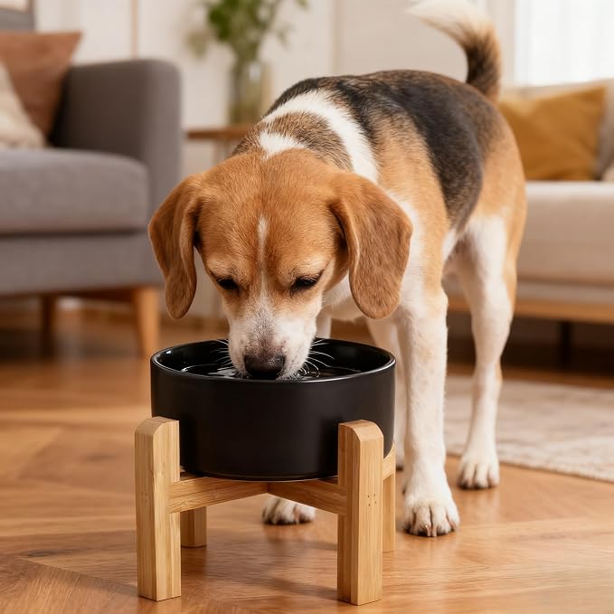 Elevated/Raised Ceramic Dog Bowl with Bamboo Stand，6 Inch 3.6 Cups Non Slip Heavy Weighted Single Pet Dish, for Small Medium Breed & Cats,Reduces Neck Strain Black - Image 7