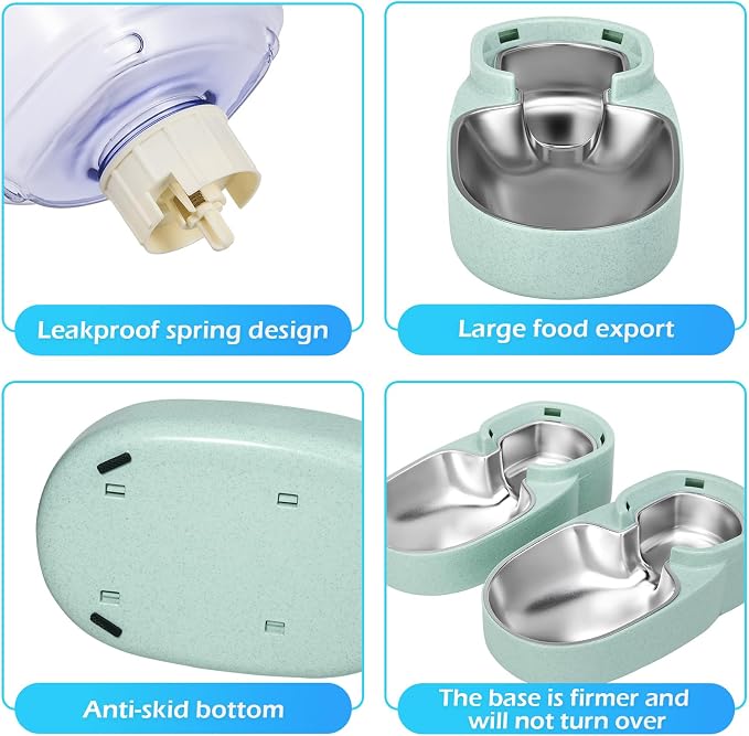 Automatic Cat Feeder and Water Dispenser with Stainless Steel Bowl Gravity Food Feeder and Waterer Set for Small Medium Dog Puppy Kitten 1 Gallon x 2(Green) - Image 5
