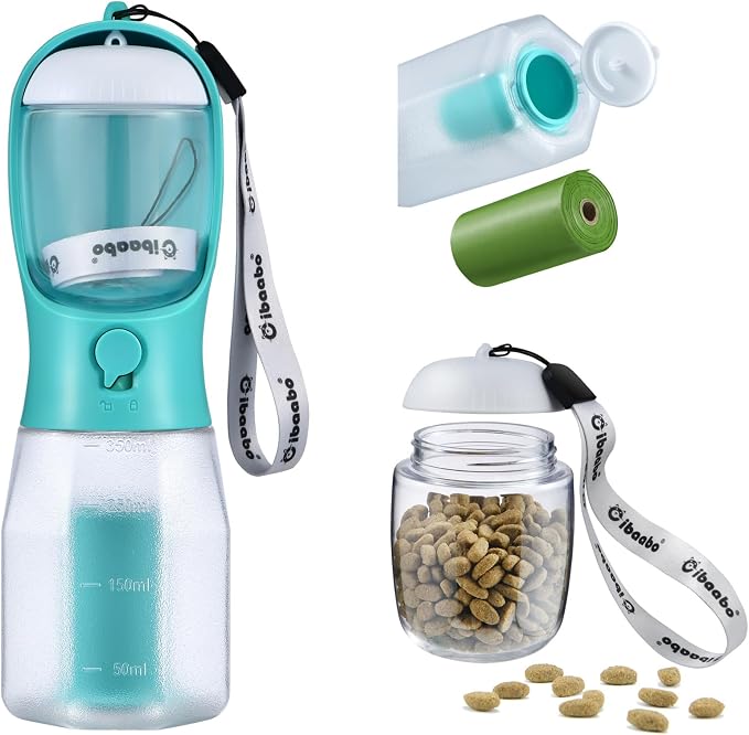 Cibaabo Dog Water Bottle with Food Container & Poop Bag Holder & Filter | Feeding & Hydration & Waste All in One | Travel Puppy Water Bowl | Portable Pet Dispenser | Dog Gifts | for Walking Beach by Cibaabo