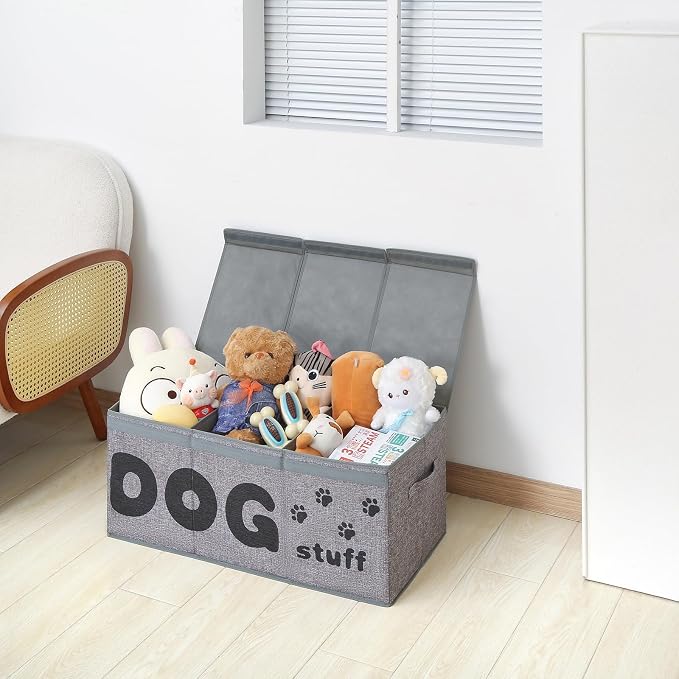 Qozary Dog Toy Storage Box - 3 Grids Large Dog Toy Basket and Storage Bin With Lid for Pet Supplies, Perfect To Keep Everything Organized - Image 6