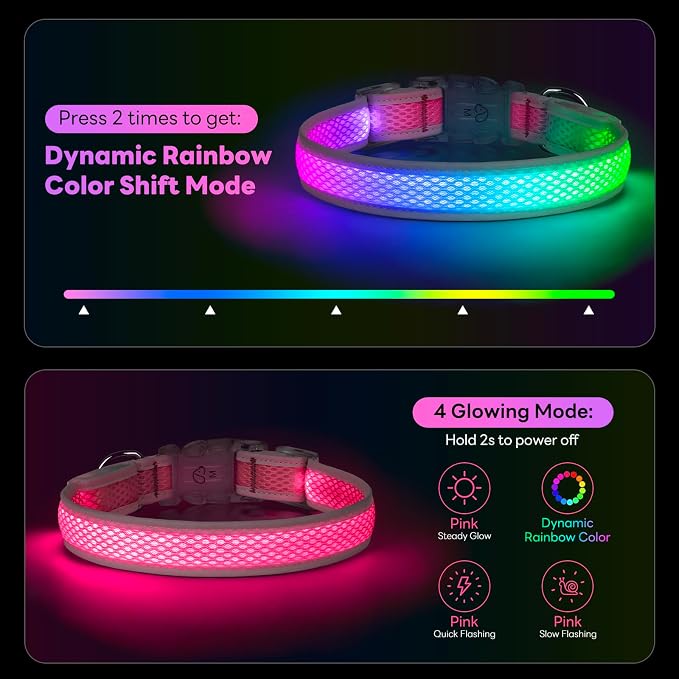 Multicolor LED Dog Collar USB-C Rechargeable, Light Up Dog Collar, Rainbow Gradient Glowing Dog Collar with 4 Light Modes, Adjustable Candy Mesh Pet Collar(Pink, Medium) - Image 2