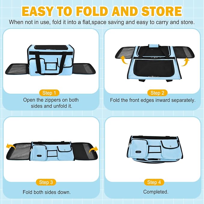 HUANLANG Large Cat Carrier Travel Soft Sided Pet Carrier Airline Approved | Dog Carriers for Small Dogs Medium Cats,Collapsible,3 Storage,zipper lock,Reflective strips,Luggage Strap, Up to 15 Lbs - Image 9
