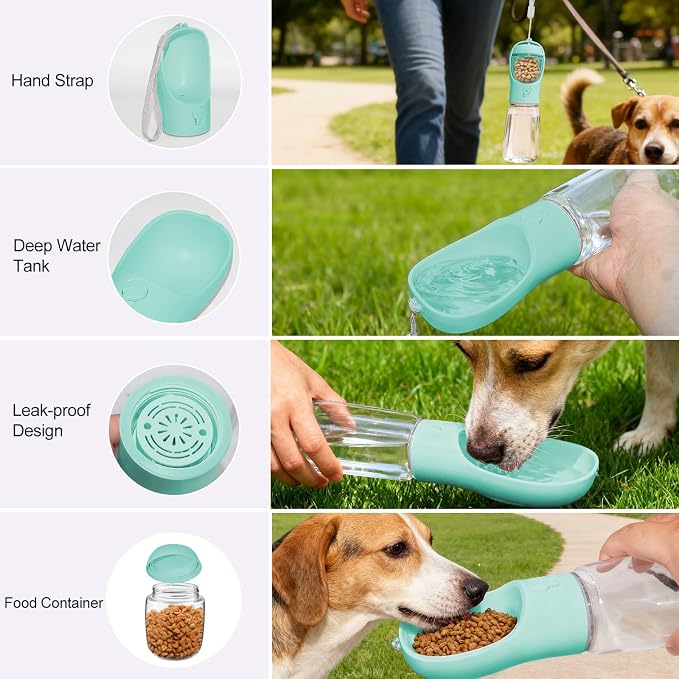 Portable Dog Water Bottle with Food Container, Drinking Bottle for Travel | 2 in 1 Dog Water Bowl, Leak Proof Pet Water Dispenser, BPA Free, Puppy Essentials, for Walking Hiking (Blue,12oz) - Image 4