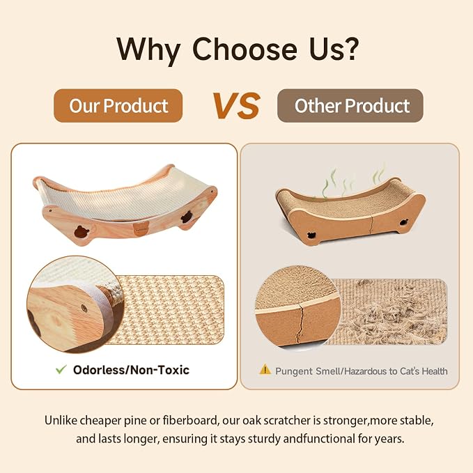 Upgraded Sisal Cat Scratcher Bed, Solid Oak Frame 1.3 cm Thick, 100% Sisal Pad, Curved Scratch Lounger, Stable Base Up to 36 lb, Sofa Protector, Odor-Free, 23.6" x 13.7" - Image 3