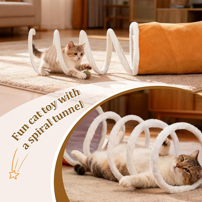 Ownpets 2-in-1 Cat Tunnel Large Lollipop Collapsible Cave Plush 12"D Orange | Foldable Tunnel Bed, Fluffy Ball, Multi-Exit Maze, For Cats Kittens Puppies Rabbits, Soft Plush, Easy Store, Cozy Hiding Spot - Image 6