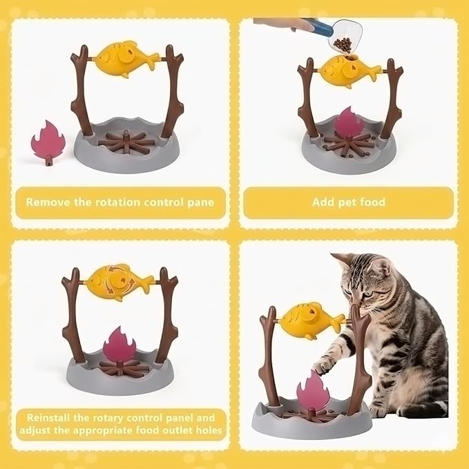 Cat Slow Feeder, Interactive Cat Puzzle Toy Treat Dispenser - BBQ Campfire Grill Design, Adjustable Rotating Fish Flame Mental Stimulation Food Dispensing Toy for Indoor Cats Kittens-Fat Fish - Image 3