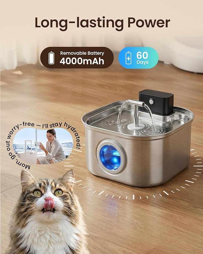 Cordless Cat Water Fountain Stainless Steel,3.2L/108oz Rechargeable | Wireless Battery Operation, Motion Sensor, Automatic Water Flow, Quiet Pump, Includes 4 Replacement Filters - Image 3