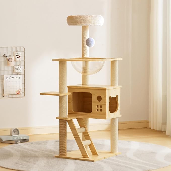 Modern Cat Tower, Wood Cat Tree Tower for Indoor Cats, Cat Tree with Sisal-Covered Scratching Posts and Soft Top Perch, 48.8'' Cat Condo with Acrylic Hammock for Small Large Cats - Image 8