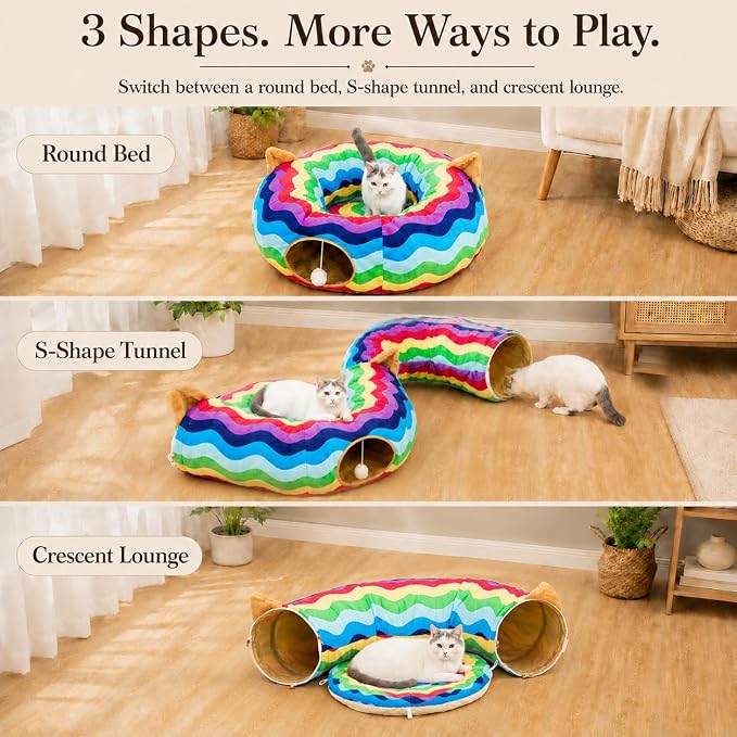 Large Cat Tunnel Bed Under Christmas Tree with Fluffy Toy Balls, Small Cushion and Flexible Design- 10 inch Diameter, 3 ft Length- Great for Cats, and Small Dogs, Rainbow Wave Color - Image 3