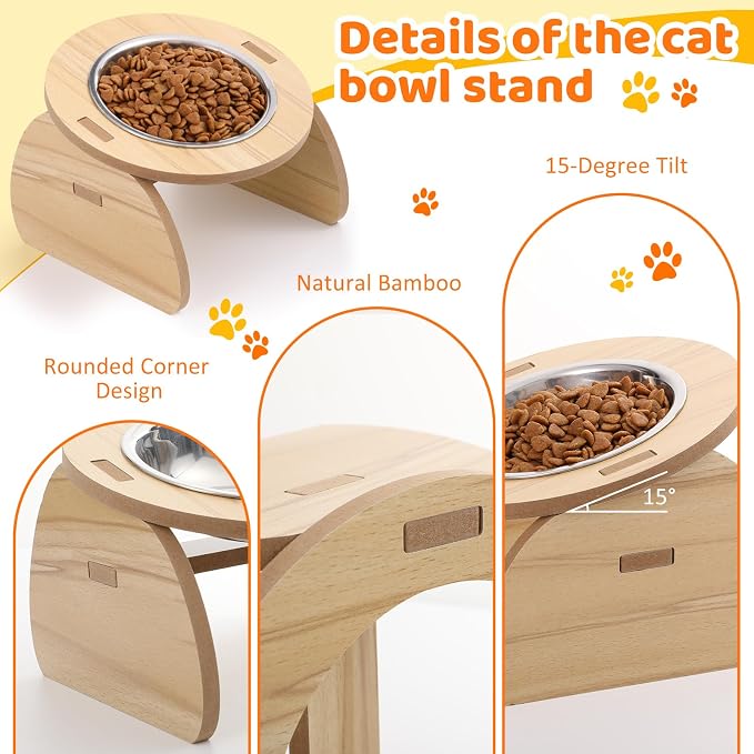 Blushtier 4 Pcs Elevated Stainless Steel Cat Bowls Bamboo Cats Feeding Station Stand, 15°Tilted 5.7 Inches Shallow Wide Raised Metal Cat Bowls for Pet Water Food Shelf Dishes for Indoor Cats Puppy - Image 3