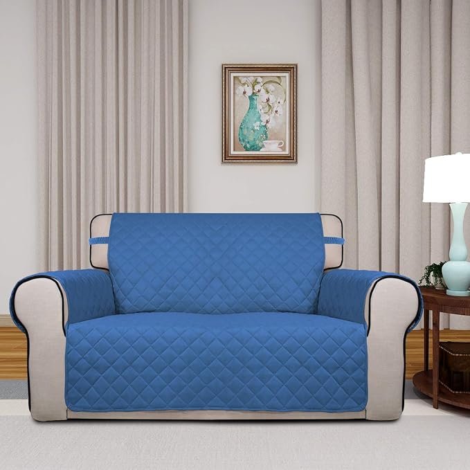 PureFit Reversible Quilted Sofa Cover, Water Resistant Medium Slipcover Furniture Protector, Washable Couch Cover with Non Slip Foam and Elastic Straps for Kids, Dogs, Pets (Loveseat, Blue/Ivory) | Blue/Ivory, Water Resistant Couch Protector, Washable ... - Image 2