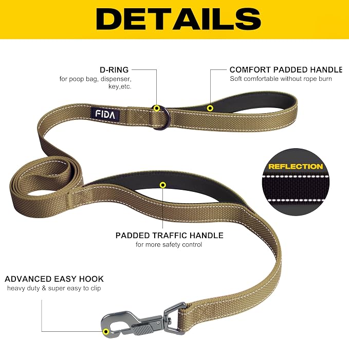 Fida Heavy Duty Dog Leash for Medium Large Dogs, 5 FT, Dual Padded Handles | Traffic Handle for Close Control, Advanced Easy Snap Hook, Reflective, Strong Nylon Webbing for Daily Walks & Training, Brown - Image 2