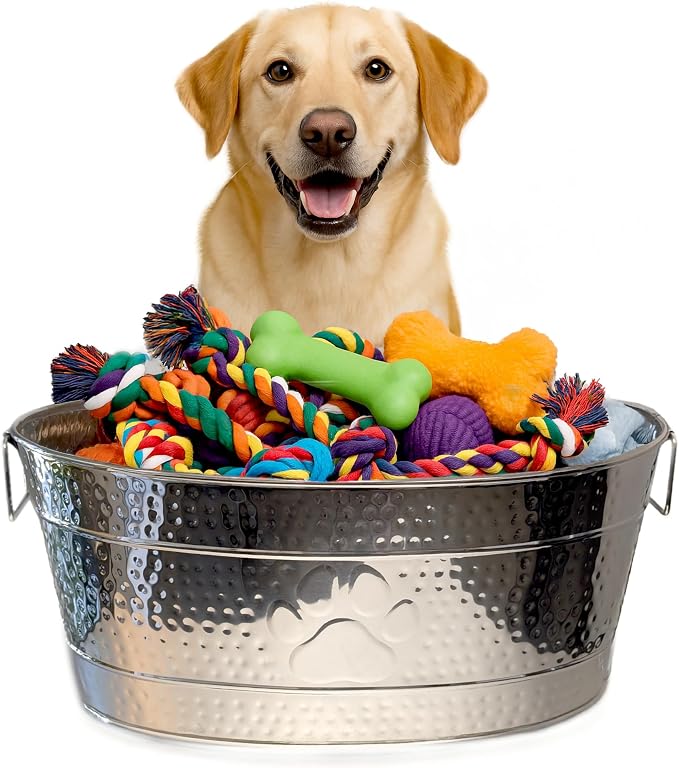 BREKX Stainless Steel Indestructible Dog Toy Bin - Pet Storage Bin with Handles, Large Organizer Storage Basket for Pet Toys, Blankets, Leashes - Pawprint Design Home Decor (Silver - 25 Quart) - Image 5