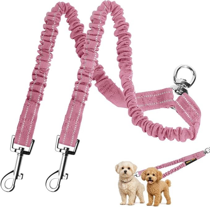 MingXpet 2 Dog Leash, Dog Leash for 2 Dogs, 360° Swivel No Tangle Double Walking Training Leashes for Large Dogs that Pull, Comfortable Shock Absorbing Reflective Bungee, Pink by MingXpets