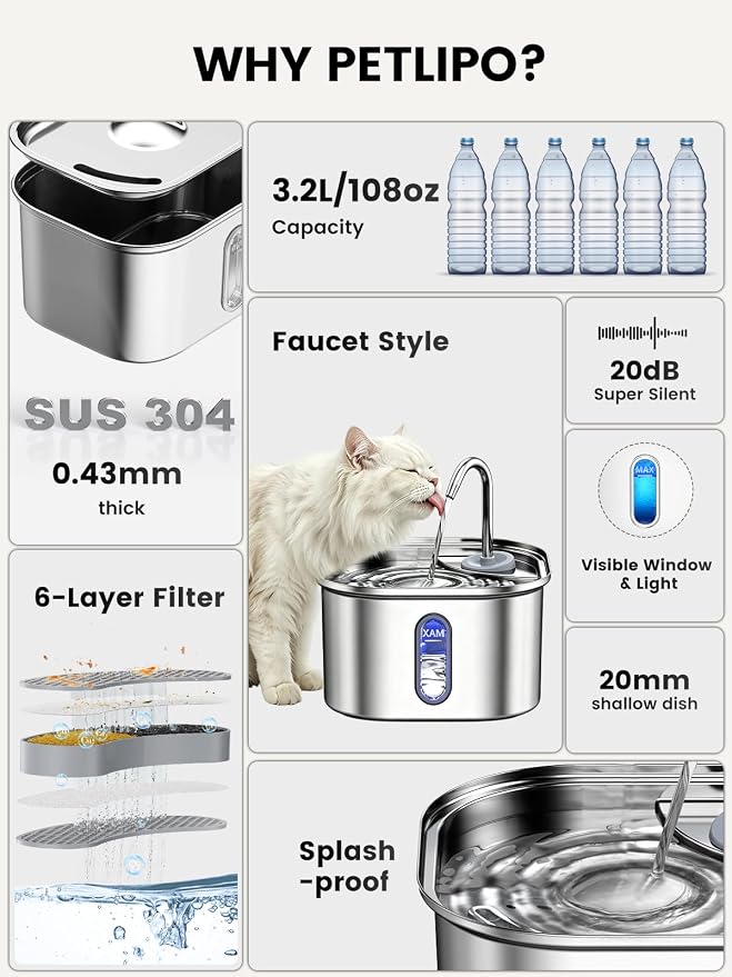 Stainless Steel Cat Water Fountain for Cats Indoor 3.2L 108oz BPA-Free S304 | 20dB Super quiet pump with 1.5m cable, Faucet style, 6-layer effective cat fountain filter, Metal cat Fountain for drinking - Image 7