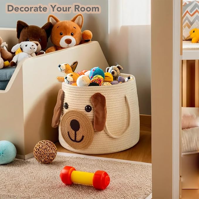 Large Dog Woven Basket with Handles - Toy Storage Bin, Baby Gift & Animal Nursery & Cute Laundry Basket, for Clothes, Towels, Toys (Dog) - Image 6