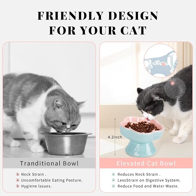 S&Q's CERAMICS Raised Slow Feeder Cat Bowl, Ceramic Elevated and Titled Glass Food Bowl Small Dogs Slow Feeder, Flower Shaped Cute Cat Dish for Dry and Wet Food (Pink, 5.8") - Image 5