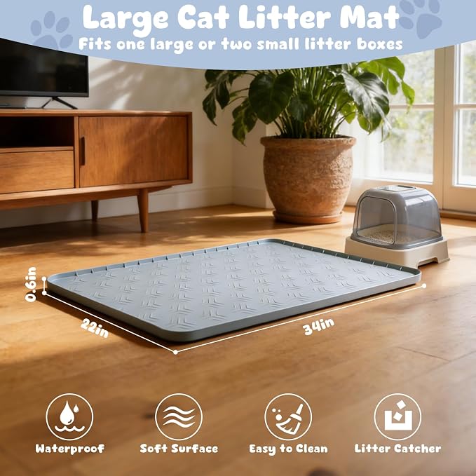Cat Litter Box Mat, 34"×22" Waterproof Silicone Cat Litter Trapping | Non-Slip Gray Kitty Litter Mat for Indoor Cats, Waterproof Pet Food Mats Easy to Clean & Soft on Kitty Paws - Image 3