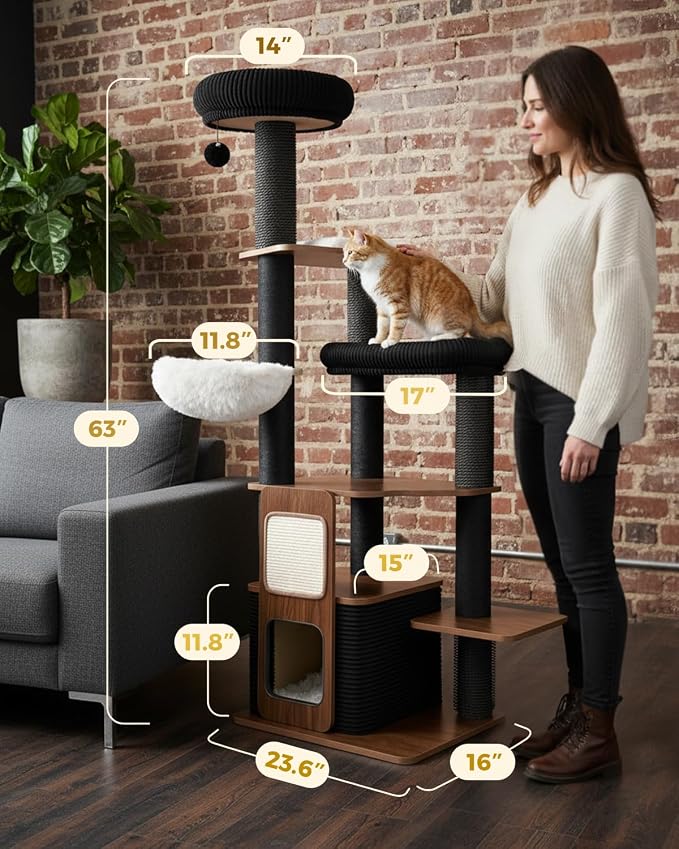 63" Heavy Duty Cat Tower, Modern Cat Tree, Wooden Cat Tree | Modern Cat Furniture, Sturdy Cat Tree Tower, Indoor Scratching Post, Plush Top Perch, Cozy Cat Condo - Image 9
