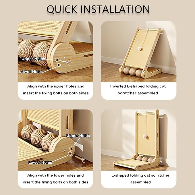 L-Shaped Sisal Cat Scratcher,Foldable Scratch Ramp for Indoor Cats | Foldable L-shaped sisal scratcher with solid wood base and toy ball to help protect sofas,walls and carpets from scratching - Image 5