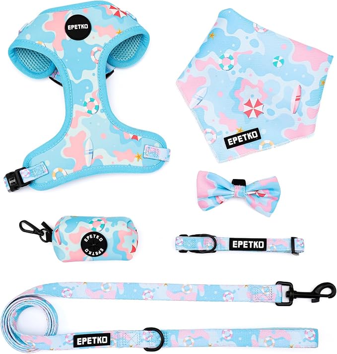 Small Dog Harness and Leash Set of 6, No Pull Soft Lightweight Mesh Puppy Harness， Adjustable Cute Floral Pattern Pet Harness for Small Medium Dogs (Blue Sea, XS) by Unknown