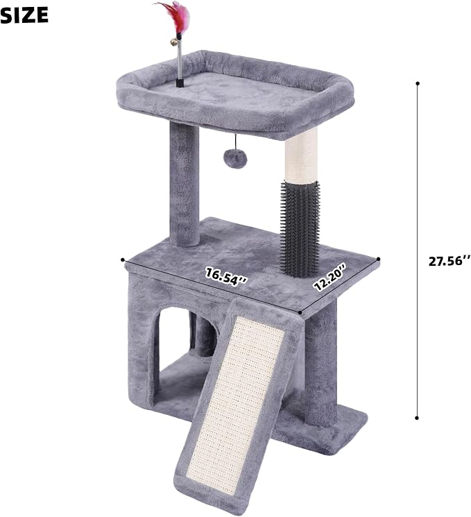 Cat Tree with Self-Grooming Brush and Interactive Toys, Cat Tree Tower for Indoor Cats, Cat Tower with Sisal Scratching Post and Scratching Pads, Cat Condo with Padded Perch, Grey - Image 2