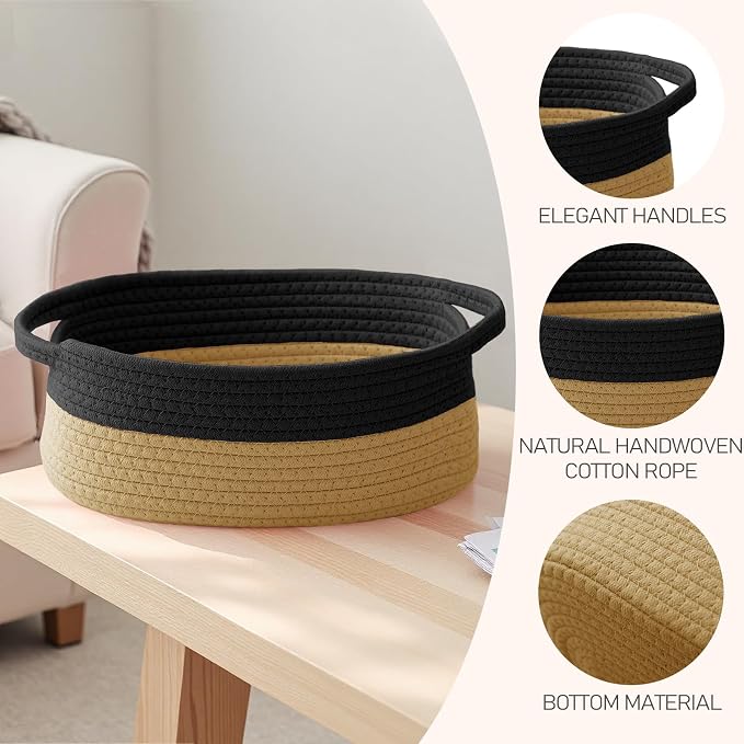 JMvicyroam Small Woven Basket, Empty Gift Basket, Black&Jute/2 Pack | Small Gift Basket, Cotton Rope, 12 x 8 x 82 in, Handles, Includes Ribbon and Bag, Birthday Gift Basket - Image 3