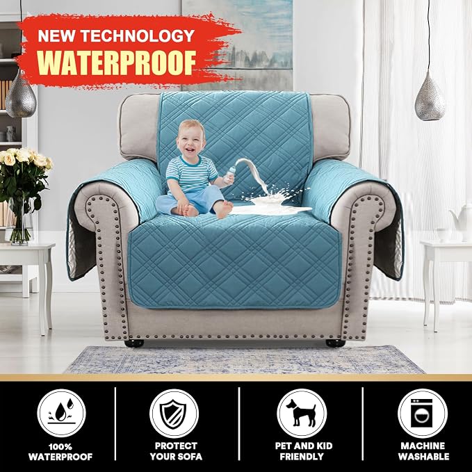 PrinceDeco 100% Waterproof Chair Sofa Slipcover for Living Room Water Resistant Couch Cover Furniture Protector Cover with Elastic Straps for Pets Kids Children Dog Cat(Chair 23", Smoke Blue) - Image 2
