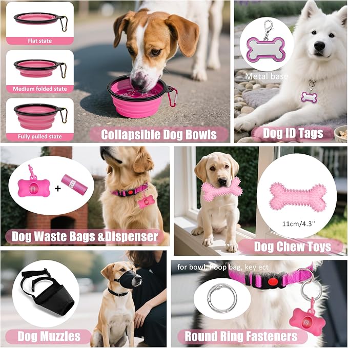 No Pull Dog Harness Adjustable Collar & Leash Set - Dog Halter Harnesses Collapsible Bowls & Poop Bag Dispenser Muzzle ID Tags Toys Fits Small Medium Large Dogs (Pink-M) - Image 7