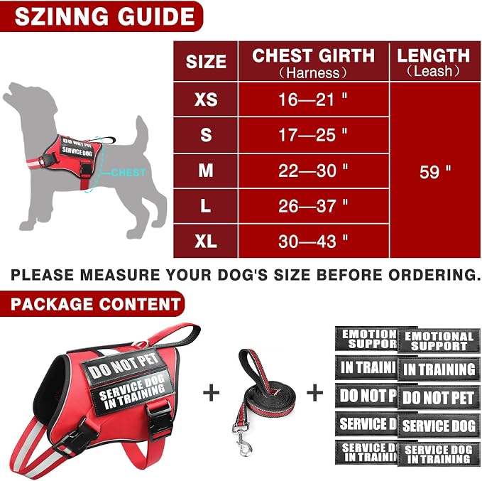 Service Dog Vest Harness and Leash Set+10 Patches,No Pull&Adjustable Reflective Dog Harness with Soft Padded Handle for Training/Everyday,Fit Small/Medium/Large/Extra-Large Dogs (Red S) | Adjustable Reflective Service Dog Harness Small Sized,Dog Leash ... - Image 6