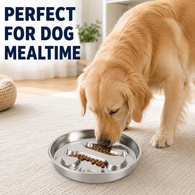 304 Stainless Steel Slow Feeder Dog Bowl, Double-Sided Anti-Gulping Puzzle Bowl, Bone Design, Dishwasher Safe, for Medium Large Dogs - Image 3