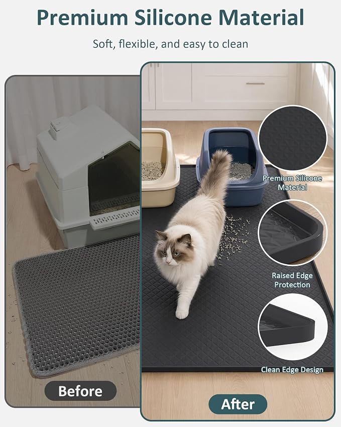 Extra Large Cat Litter Mat, Waterproof Litter Mat, 51.2 x 25.6 in | Silicone, Raised Edge Desgin, Waterproof, Traps Litter Water Dirt, Easy Clean Non Slip Floor Protector - Image 2