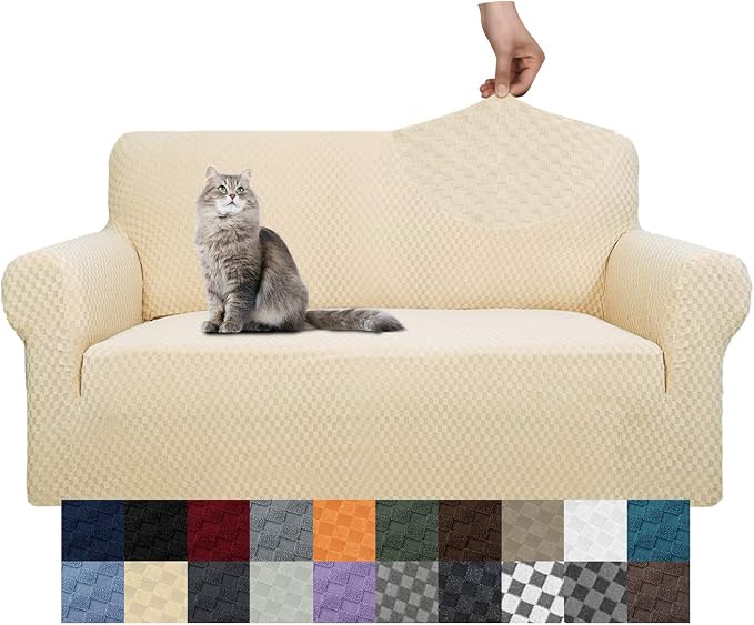 YEMYHOM Couch Cover Latest Jacquard Design High Stretch Sofa Covers for 2 Cushion Couch, Pet Dog Cat Proof Loveseat Slipcover Non Slip Magic Elastic Furniture Protector (Medium, Beige) by YEMYHOM