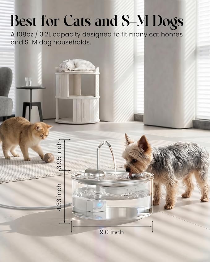 Tomxcute Glass Cat Water Fountain, 108oz Quiet Pet Dispenser for Drinking | Prevents Feline Acne, Visible Water Level, Sleep-Friendly Silent Pump, Dishwasher Safe, 3-Layer Filtration - Image 5