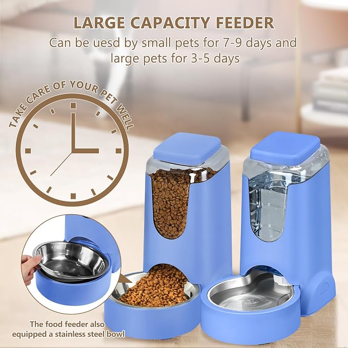 HWONMTE Portable Automatic Cat Feeder and Water Dispenser with Stainless Steel Bowl Dog Gravity Food Feeder and Waterer for Small Medium Pets Puppy Kitten 1 Gallon x 2 (Sapphire Blue) - Image 5